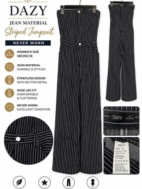 DAZY Black Pinstripe Strapless Wide-Leg Jumpsuit
